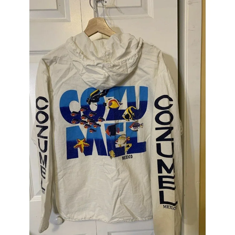 La Iguana Hoodie Full Zip Jacket Vtg‎ 90 Cozumel Mexico Sz L White Rare